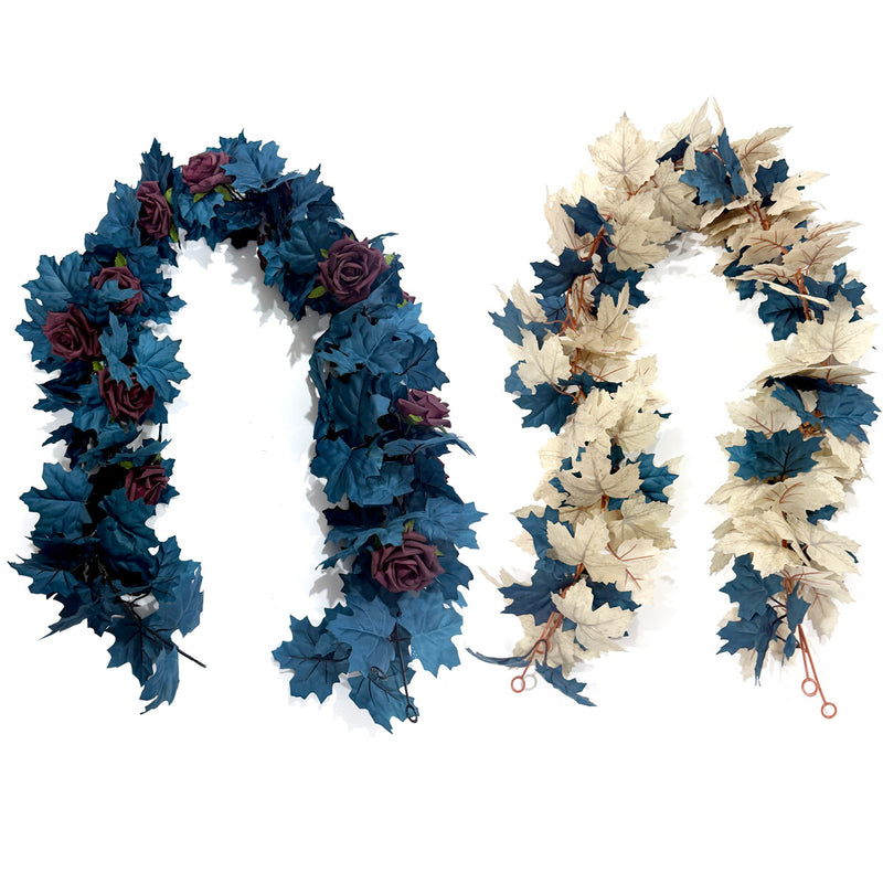 Artificial Maple Leaf & Rose Garland Vine, Blue Faux Silk Fabric, 2 Pcs per Pack, Halloween Decor