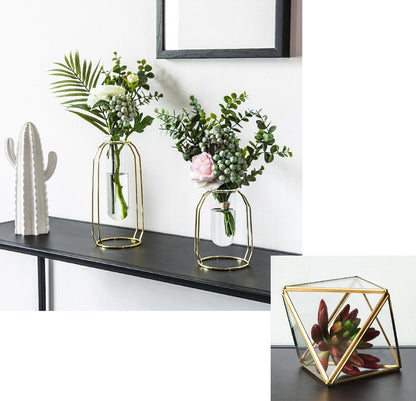 Bulk 1pc Gold Glass Vase With Metal Frame Geometric Hydroponics Vase for Centerpieces Wedding Office Living Room Decor Wholesale