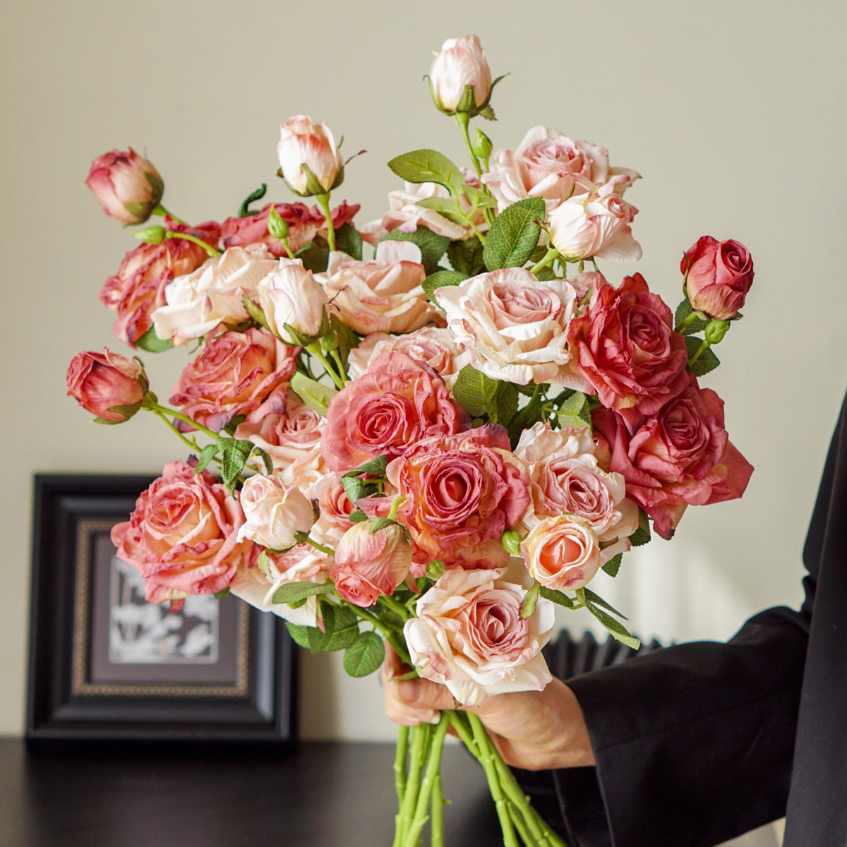 Vintage 3-Head Burnt Edge Rose Artificial Bouquet - Autumn Tone Wedding & Home Decor (21.26" Tall)