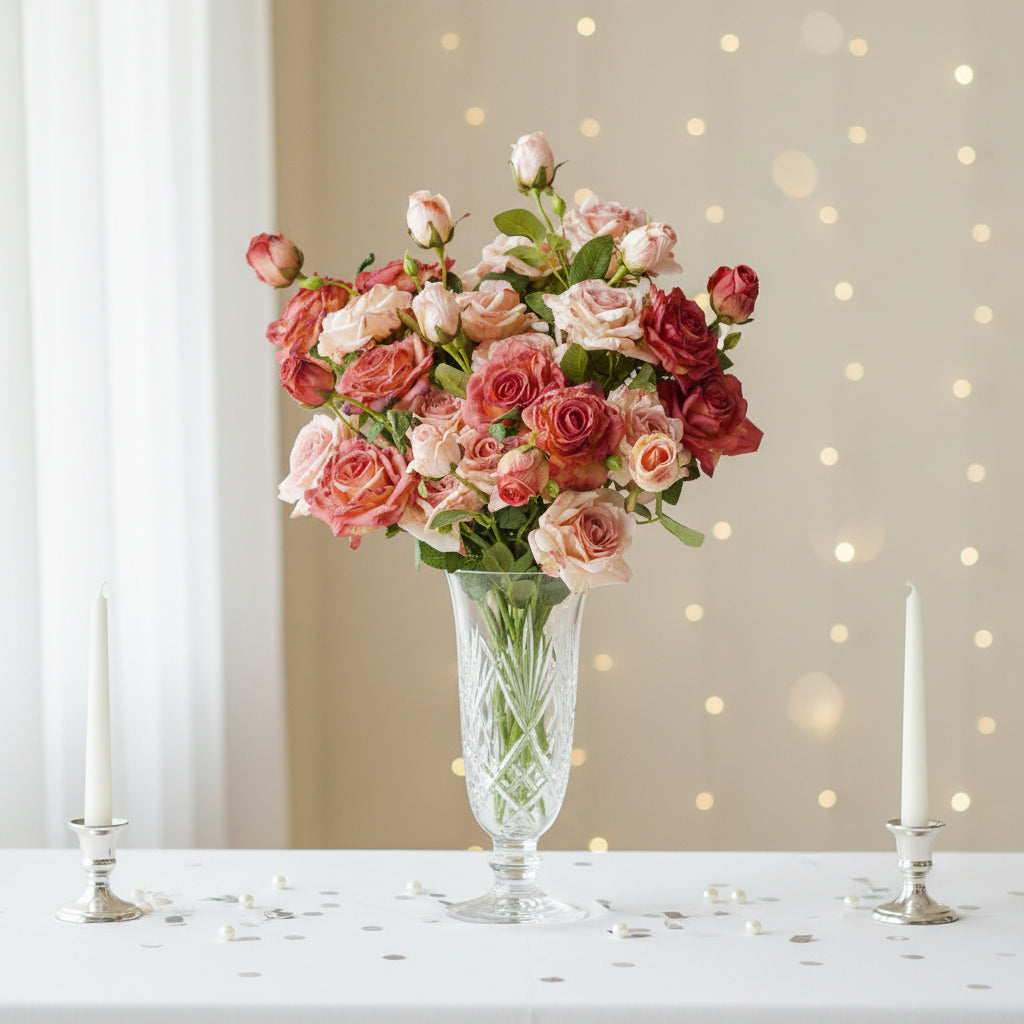 Vintage Dried-Look Artificial Rose Stems, 21.3" Blush & Terracotta Faux Flowers for Venue Styling