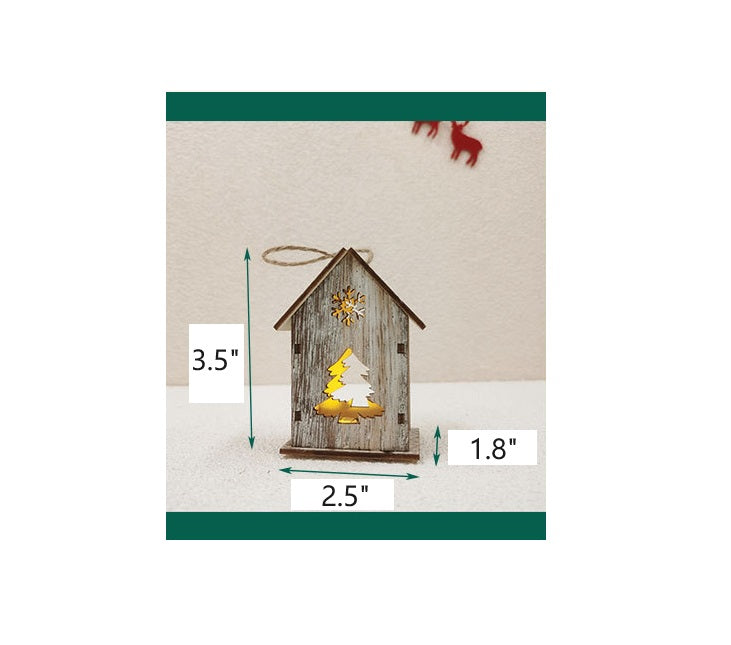 Christmas Glow Cabin House LED Ornament with Hollowed-out Snow Elk for Xmas Tree Decor, Bulk Wholesale