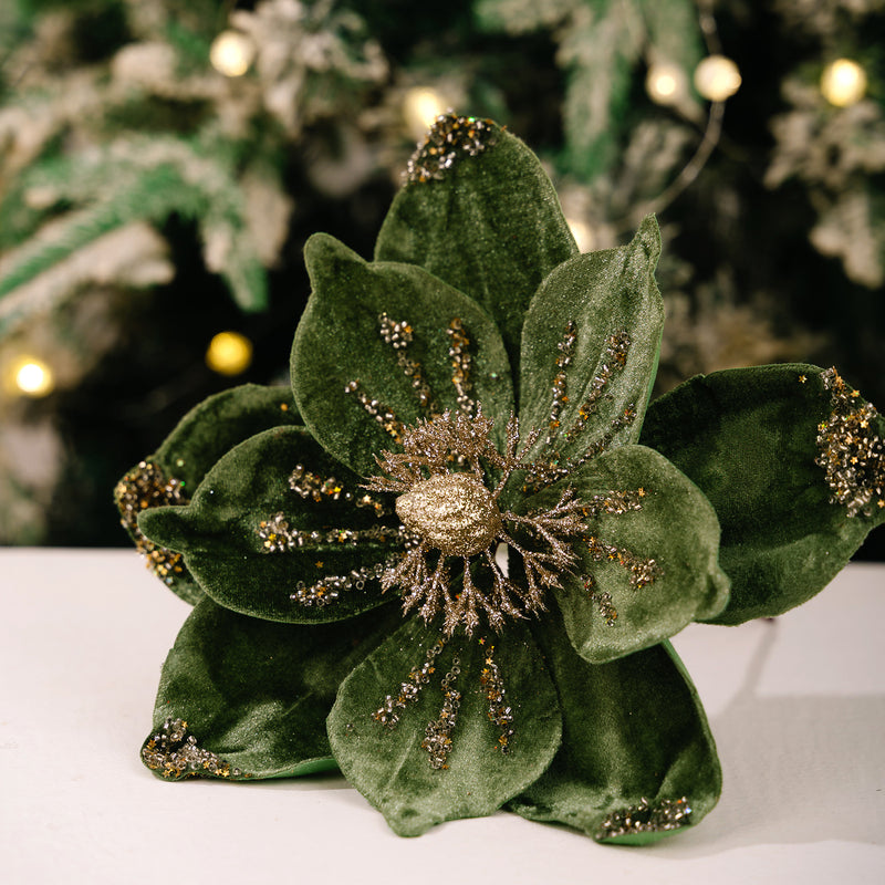 Gold Glitter Velvet Magnolia Artificial Flower, Single Stem with 1 Large Bloom, Christmas Tree Decor, Holiday & Wedding