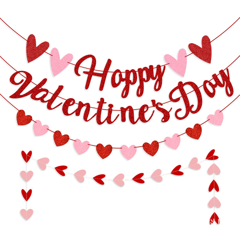 Valentine's Day Heart Glitter Garland - Happy Valentine's Day Letter Banner (Pink & Red)