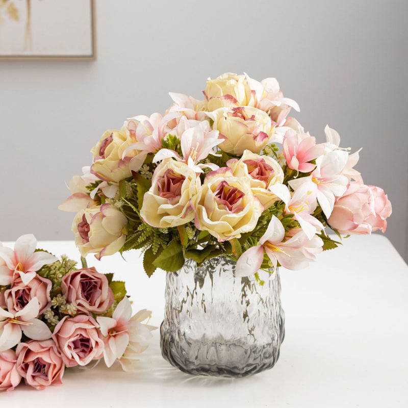13" Realistic Silk Rose & Lily Bouquet, Perfect for Weddings, Home Decor, and Events