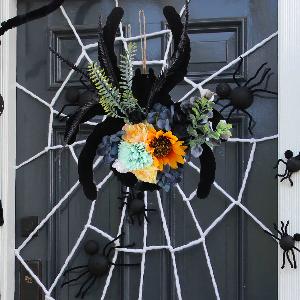 Halloween Spider Floral Door Hanger - Faux Flower Wreath Wall Decor for Home & Window Display