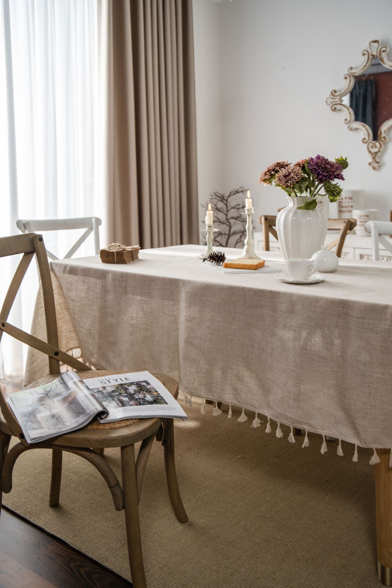 Bulk Linen Tablecloth Rectangle Tassel Table Cloth for Kitchen Dining Room Table Cover Wholesale