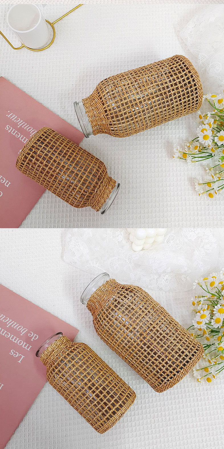 Glass Flower Vase with Rattan Cover Woven Seagrass Decor Vase, 10 Inch Artificial Plant Pot