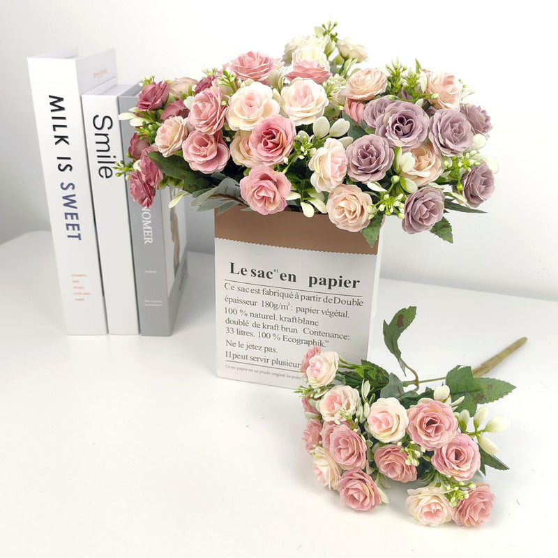 15-Bloom Faux Silk Rose Bouquet, 12" Tall, Perfect for Weddings, Home Decor, and Events