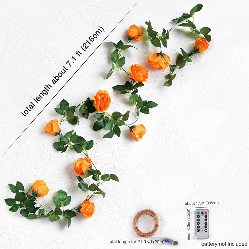Orange Rose Garland Vine, Faux Silk Fabric Artificial Rose Vine, Set of 2 Trailing Strands, Halloween, Fall Table & Wedding Decor