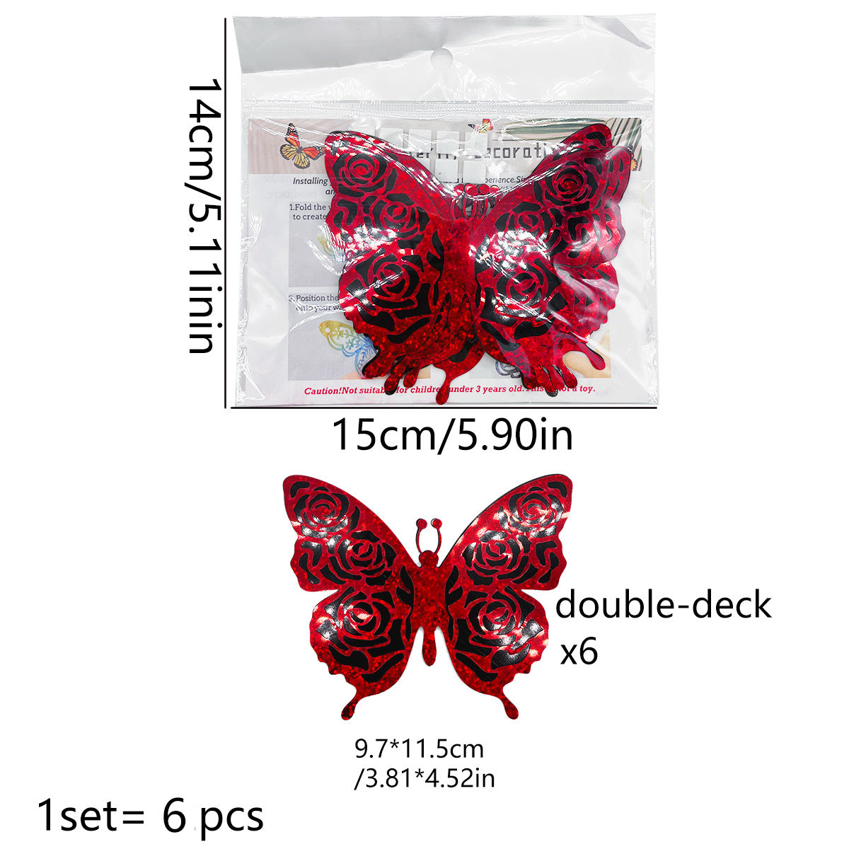 3D Double-Layer Glitter Butterfly Wall Decor - Valentine's Day Decor (6-Pack)