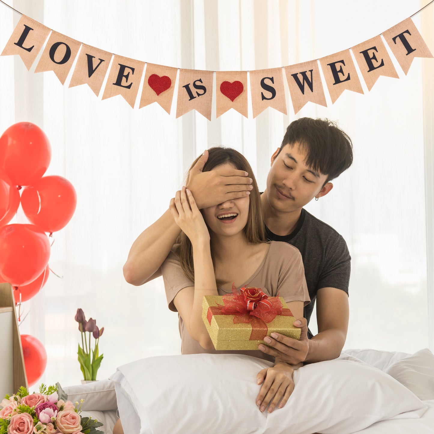 Glitter Heart "LOVE IS SWEET" Burlap Banner - Perfect Engagement Party Decorations 13.1ft Long