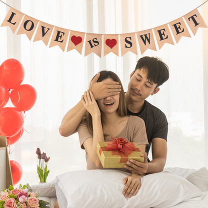 Glitter Heart "LOVE IS SWEET" Burlap Banner - Perfect Engagement Party Decorations 13.1ft Long