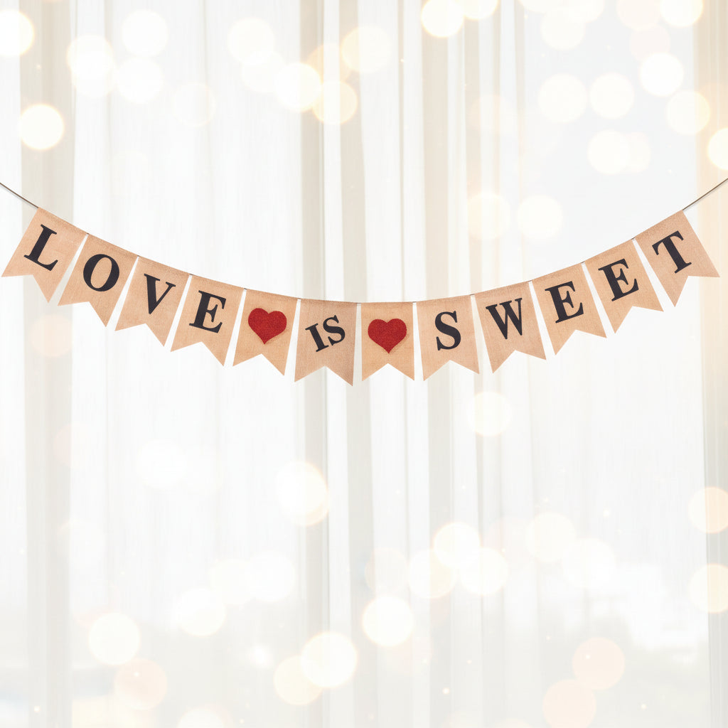 Glitter Heart "LOVE IS SWEET" Burlap Banner - Perfect Engagement Party Decorations 13.1ft Long