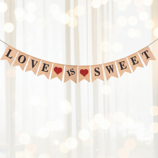 Glitter Heart "LOVE IS SWEET" Burlap Banner - Perfect Engagement Party Decorations 13.1ft Long