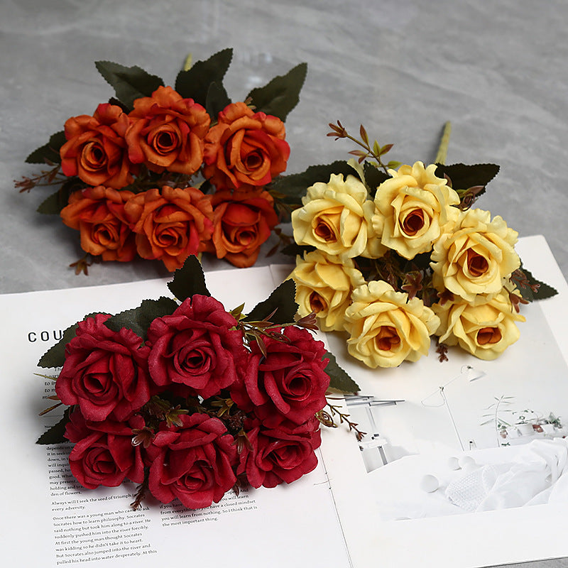 Autumn-Toned Rose Bush, 12" Faux Silk Floral Arrangement with 6 Blooms, Rustic Decor for Weddings & Home