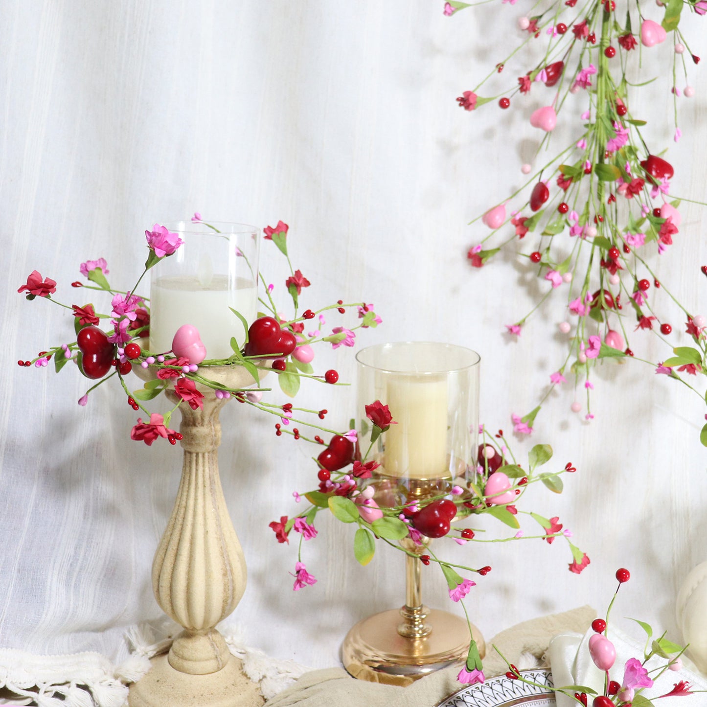 Valentine's Day Candle Ring - 4 Inch Pink Red Heart & Berry | Table Centerpiece Decor
