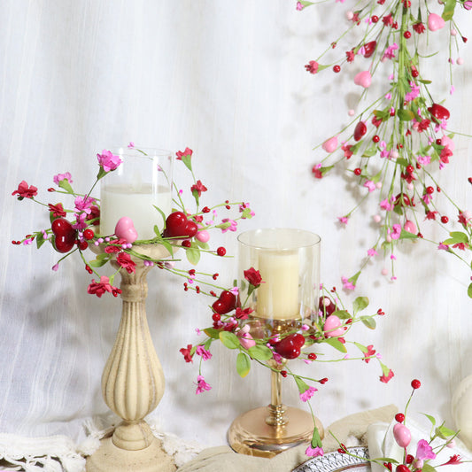 Valentine's Day Candle Ring - 4 Inch Pink Red Heart & Berry | Table Centerpiece Decor