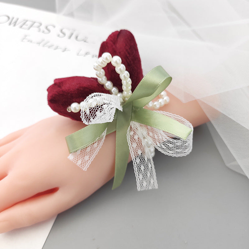 Romantic Marsala Artificial Velvet Tulips Wrist Corsage Bulk Quantity