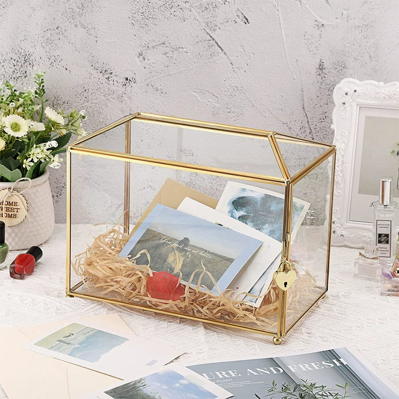 Bulk Reinforced Shatterproof Wedding Glass Card Box with Security Lock 10.2" Modern Geometric Terrarium for Weddings Baby Showers & Vow Renewals Gold Accent Tabletop Display Case Wholesale