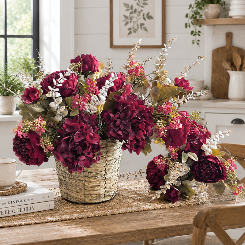 Artificial Peony & Hydrangea Bouquet, 3 Flower Heads, Faux Silk Fabric, Bendable Stems for Home, Office & Events