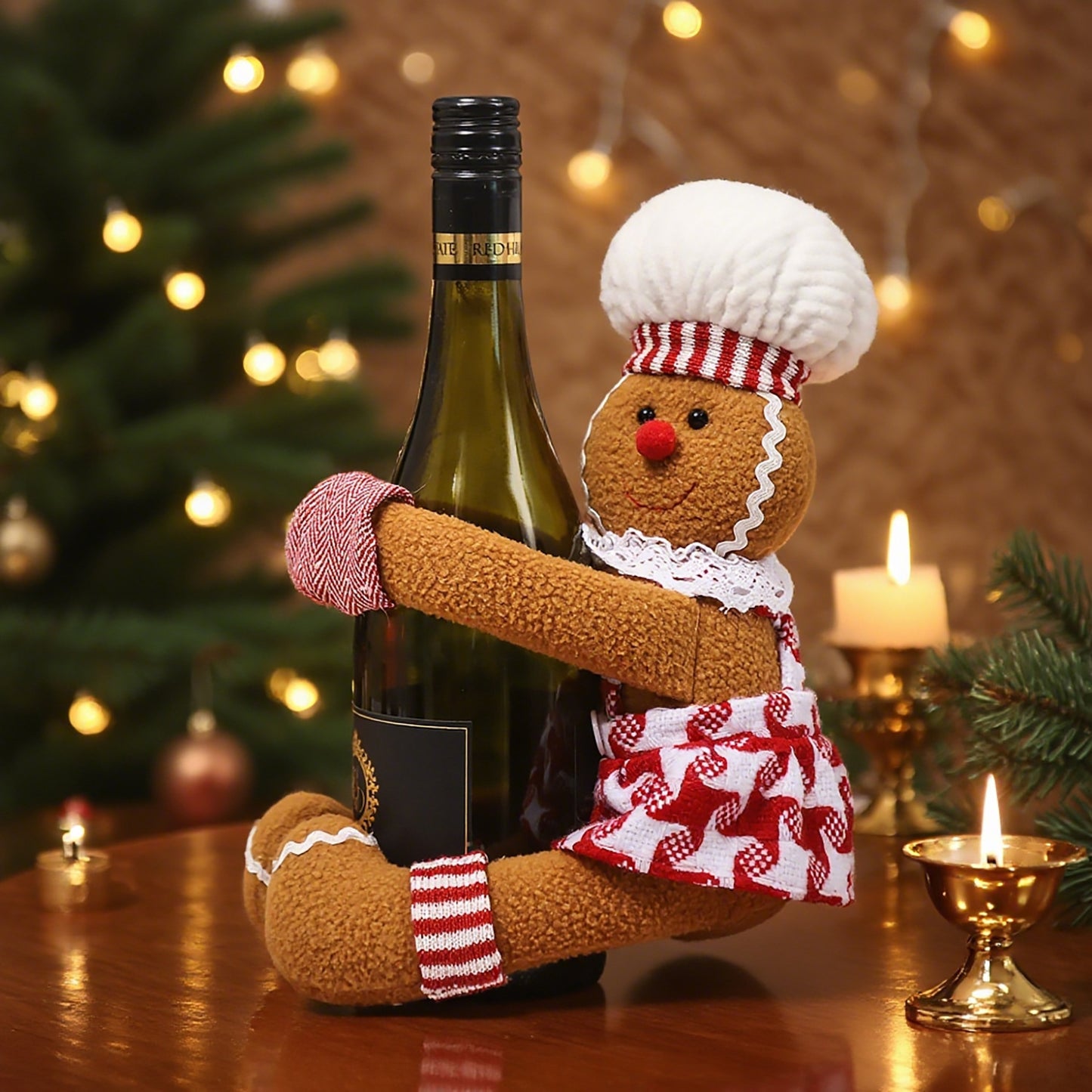Christmas Couple Gingerbread Man Wine Bottle Cover - Festive Fabric Decor