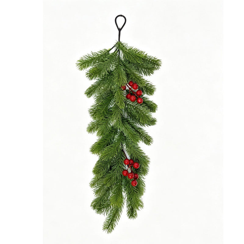 Artificial Pine Needle Christmas Door Hanging with Poinsettias, Trailing Wall Swag, Red Berries, for Holiday Home Decor