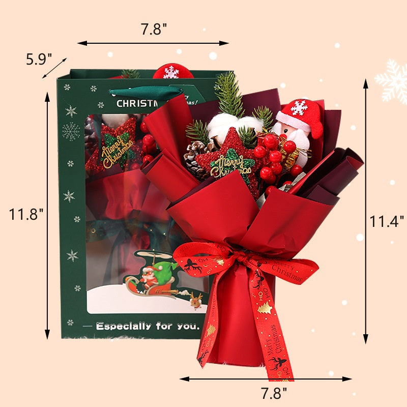 11 Inch Artificial Christmas Flower Bouquet with Glitter Star, Red Berries, and Santa Doll – Bulk Wholesale Gift Set