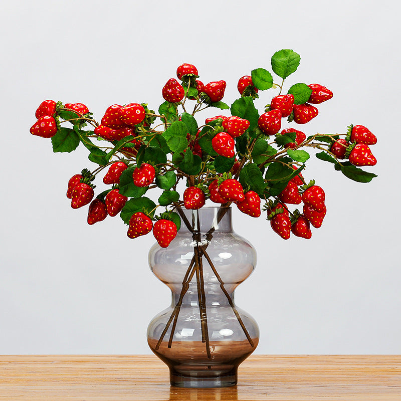 Single Stem Artificial Strawberry Branch with Leaves, 11 Blooms, 19" Long, Foam Material, Indoor Decor for Home, Wedding, Events