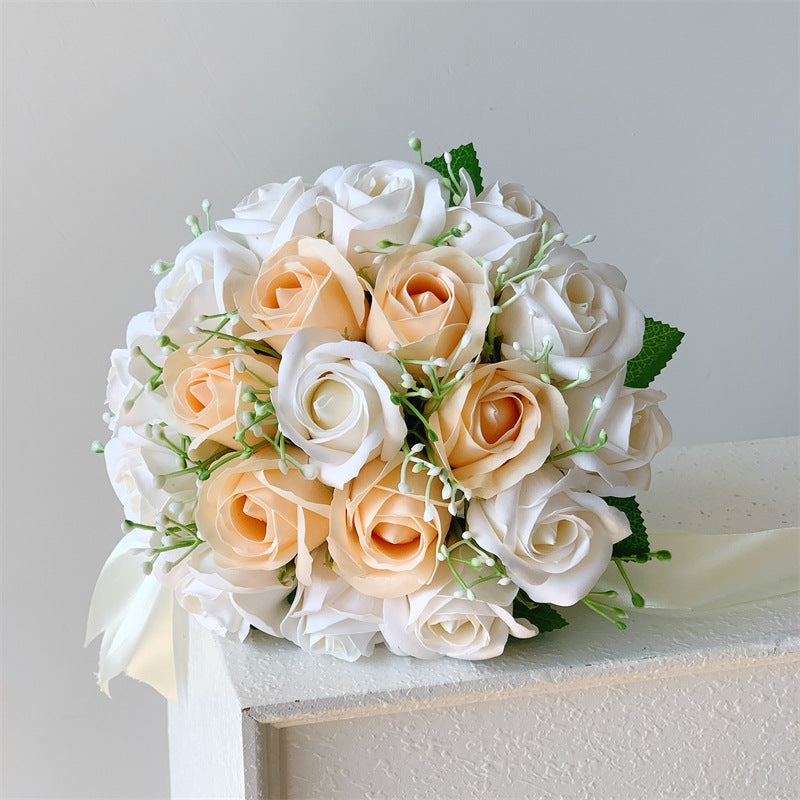 Wedding Bouquet with 18 Silk-Like Roses, 12" Height, Faux Silk Bridal Hand-Tied Bouquet