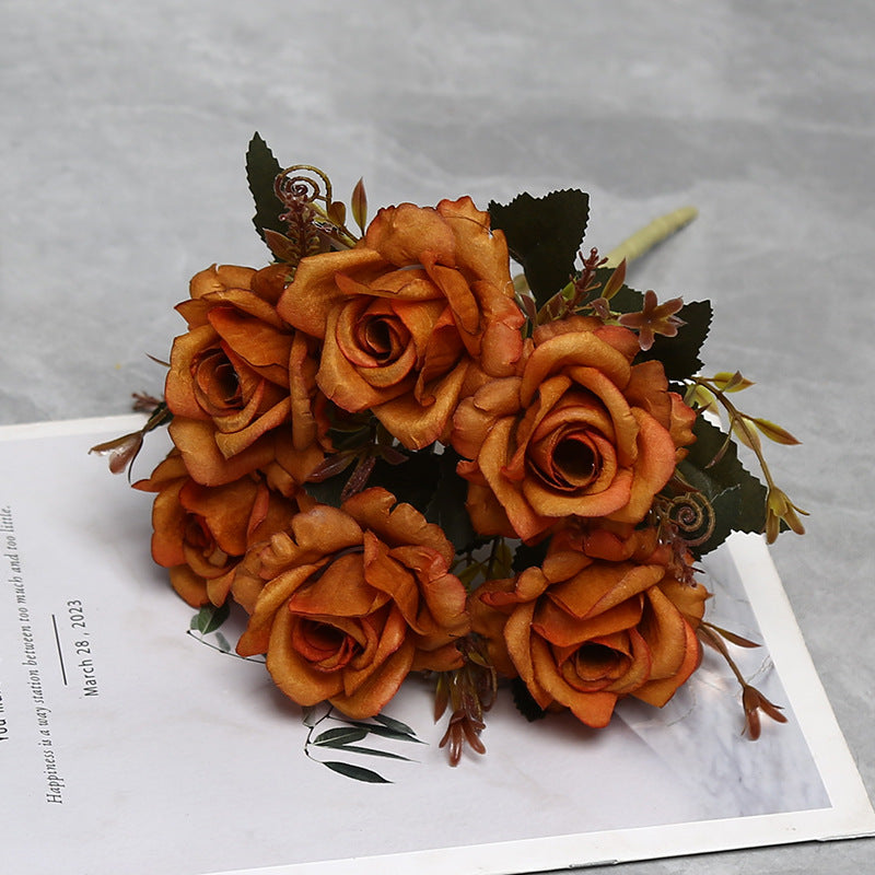 Autumn-Toned Rose Bush, 12" Faux Silk Floral Arrangement with 6 Blooms, Rustic Decor for Weddings & Home