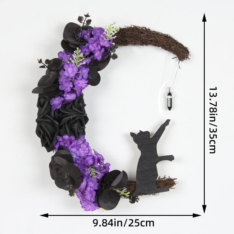 Halloween Moon Cat Wreath with Rose Gothic Grapevine, Farmhouse Porch Front Door Wall Decor, 1 Pc