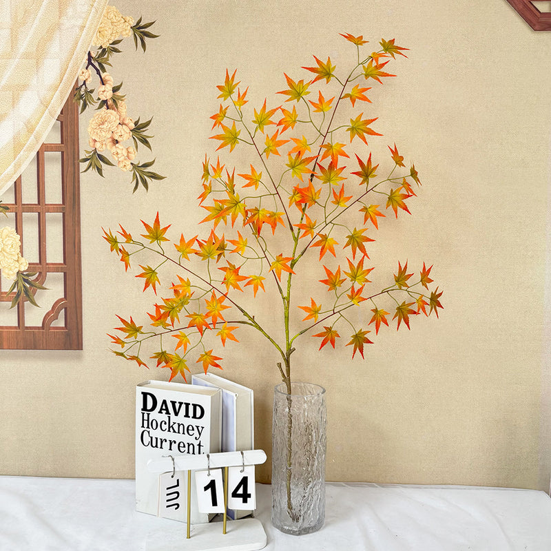 Single Stem Faux Maple Leaf Branch, 43" Tall, Velvet Fabric, Modern Fall Decor for Weddings, Home, and Events