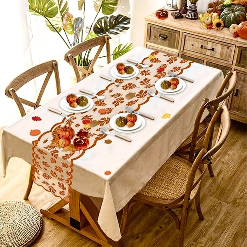 Thanksgiving Fall Leaves Table Runner - Elegant Brown Autumn Tablecloth for Dinner Parties Fireplace Decor & Harvest Celebrations