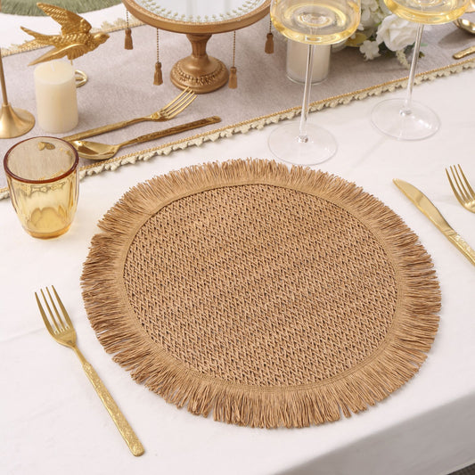 Paper Woven Tassel Placemats - 15" Round (6-Pack) | Non-Slip Cup Mat & Heat-Resistant Table Pad for Home Decor