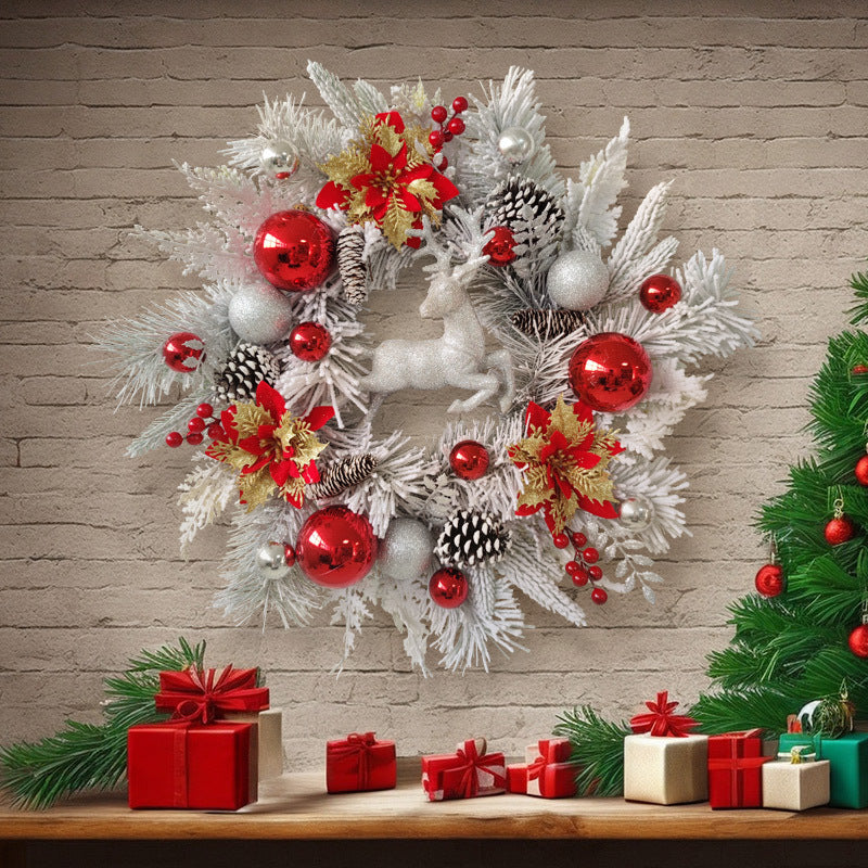 Artificial Christmas Wreaths with Elk, Cedar, Pinecones, Glitter Poinsettias – Holiday Front Door Wall Hanging Decoration, Bulk Wholesale