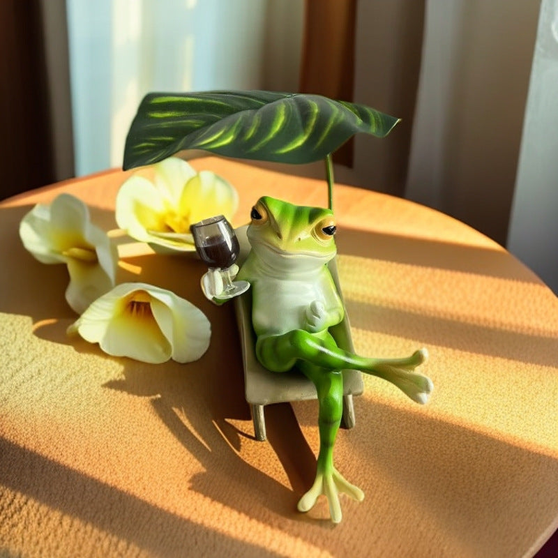Chill Reclining Frog Statue with Leaf Umbrella - Garden Patio Decor | Indoor Outdoor Relaxing Figurine (Eco-Friendly Resin)