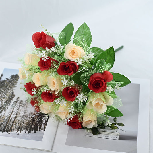 Bridal Wedding Bouquet: 18-Head Artificial Rose Bouquet with Tulle (Wedding Decor & Home Table Accent)