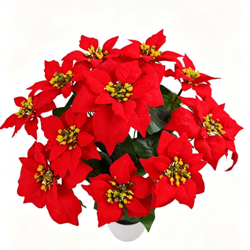 Artificial Poinsettia Bush with 12 Blooms, 20" Tall, Silk-Like Fabric, Perfect for Christmas, Weddings, and Home Decor