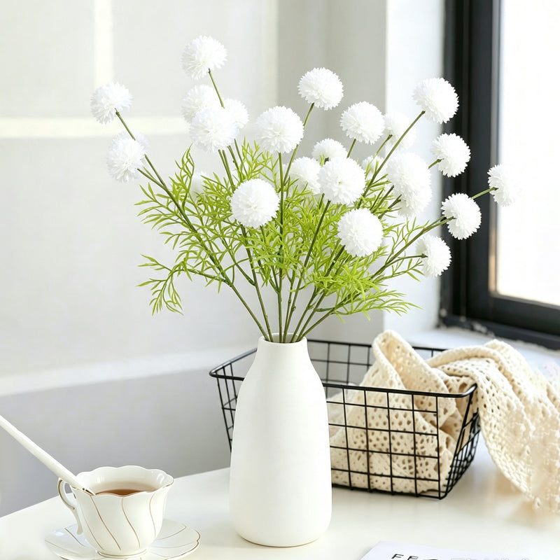 Artificial Chrysanthemum Pompon Bush with 21 Blooms, Faux Silk Flowers for Wedding, Home & Hotel Decor, Vase Not Included