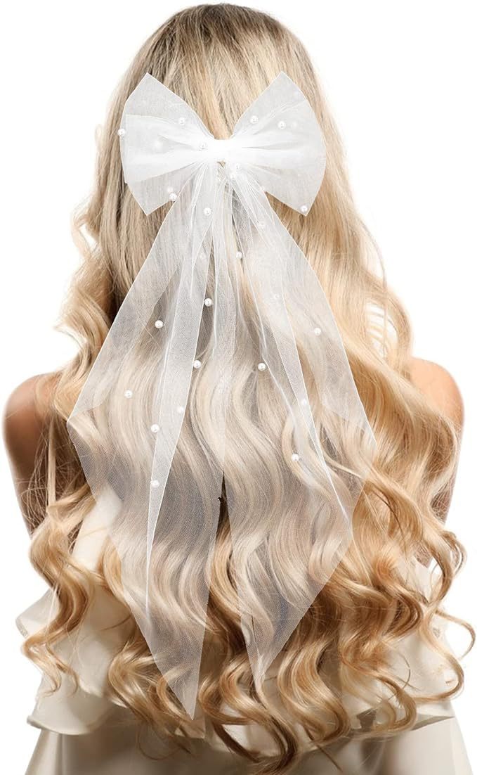 Bulk Bridal Pearl White Hair Bow lace veil Wedding Veil Bridesmaid Large Hair Bow Wedding Veil with Barrette Bachelorette Party Decorations Bridal Bridesmaid Gift Wholesale