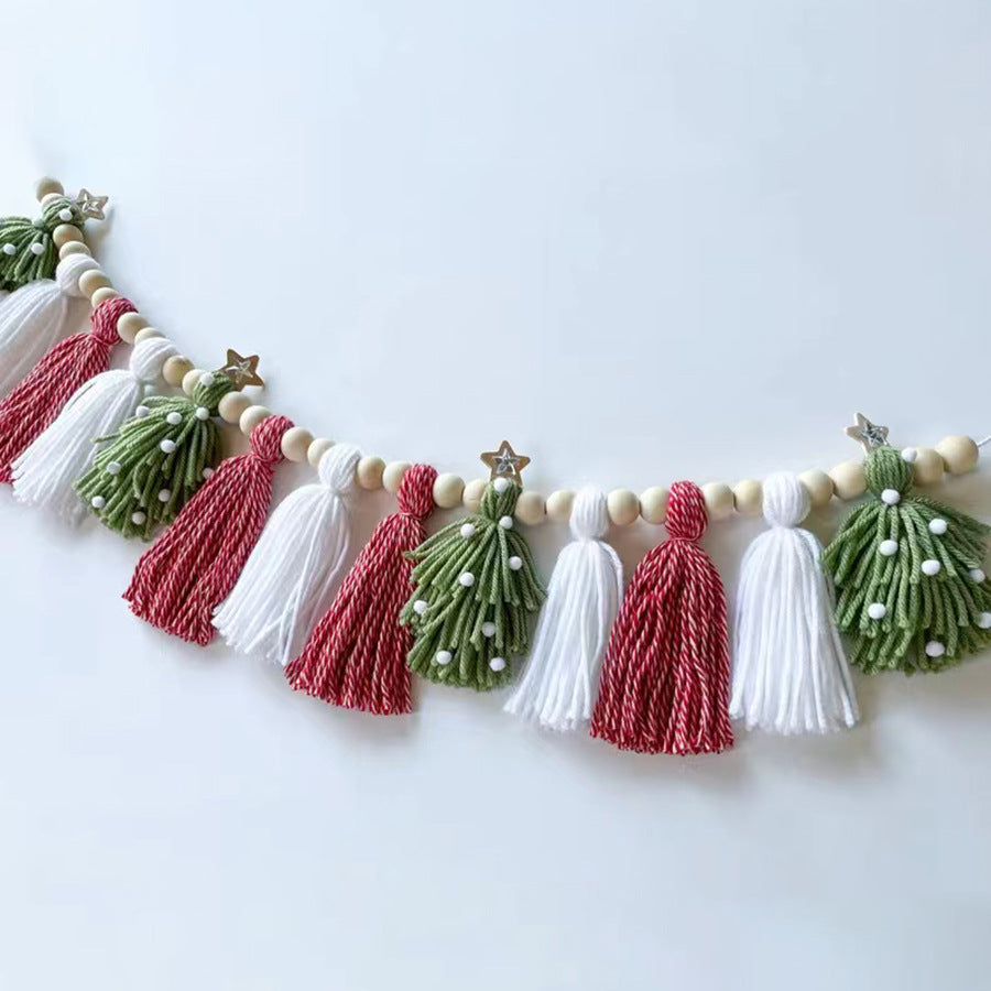 2 Pcs Christmas Fireplace Decor Tassel Garland Handmade Yarn & Wood Bead Banner