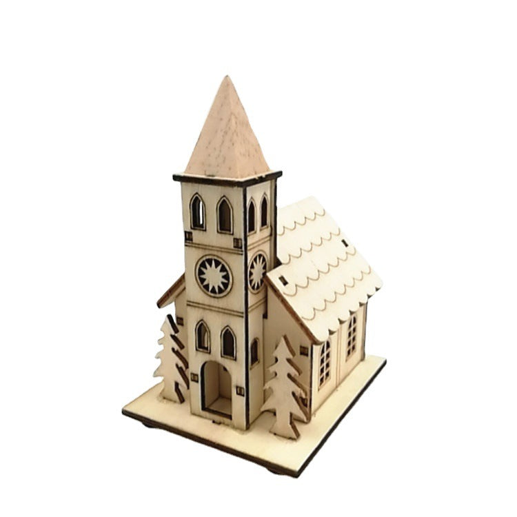 3 Pcs Glow Cabin Set with Church and Elk for Xmas Tree Table Decor Artificial Holiday Ornaments