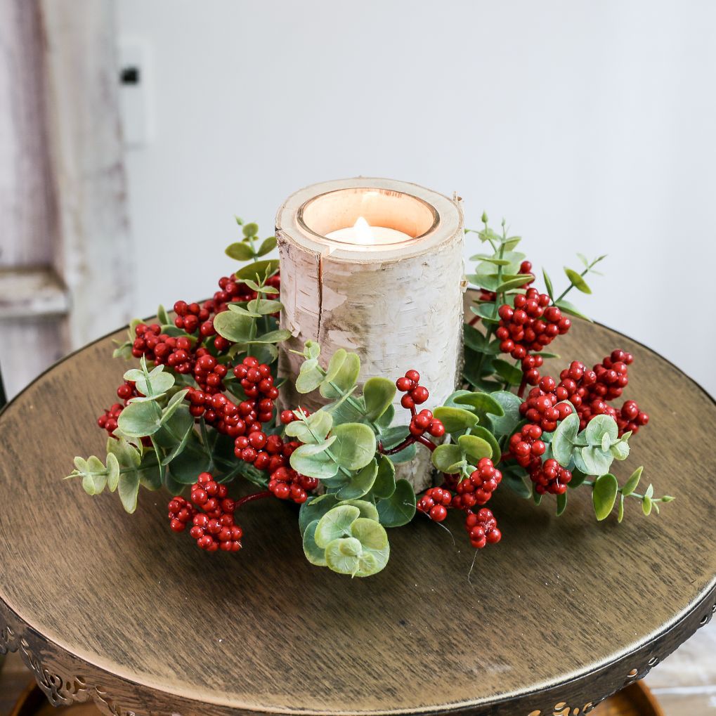 Eucalyptus & Red-Berry Candle Ring – 8" Christmas Table Centerpiece Fits Standard Pillar & Taper Candles