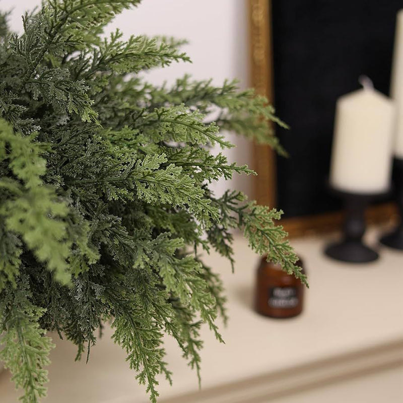 Set of 16 Artificial Cedar Stems, 13" Long, Realistic Plastic Greenery for DIY Decor, Holidays, and Home Arrangements