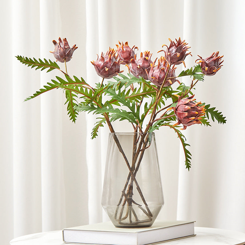 Artificial Milk Thistle Stem, Double Bloom Faux Botanical for Home Decor, Office & Events, 23" with 5 Leaves