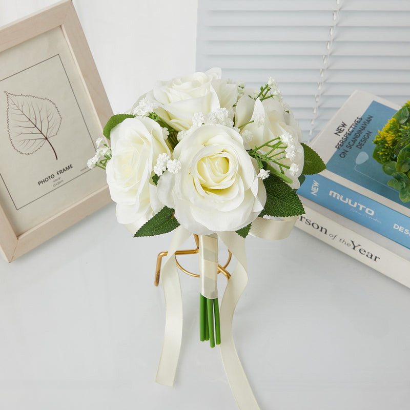 Bouquet with 6 Rose and Baby's Breath Blooms, Silk-Like Fabric, 11 Inches, Perfect for Weddings and Events