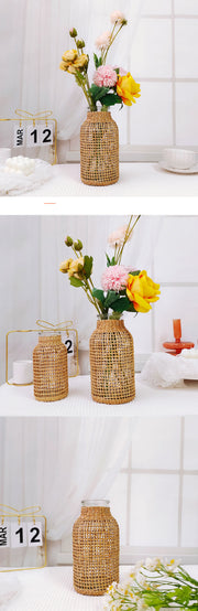 Glass Flower Vase with Rattan Cover Woven Seagrass Decor Vase, 10 Inch Artificial Plant Pot