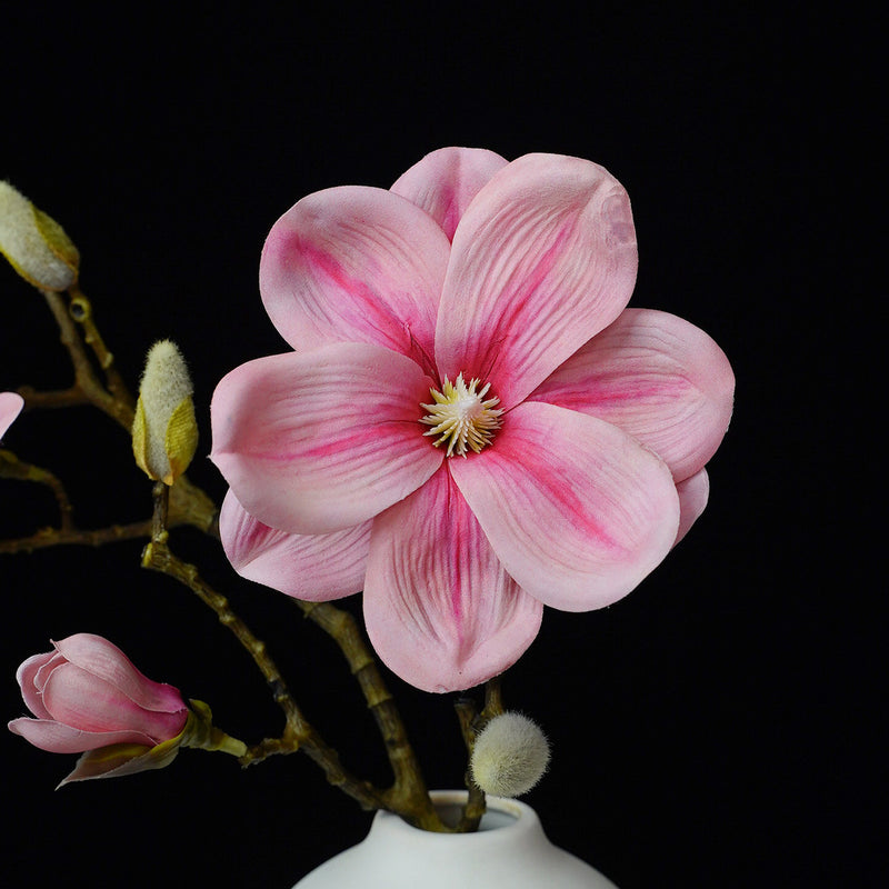 Single Stem Magnolia with 4 Blooms, PU Material, 27" Tall, Perfect for Weddings, Home Decor, and Events