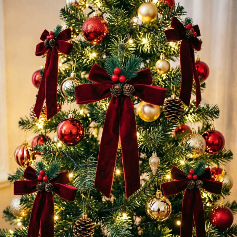 Velvet Christmas Bow Ornaments, Holiday Decorations with Bells (7" Length) - Tree, Door, Gift & Party Decor