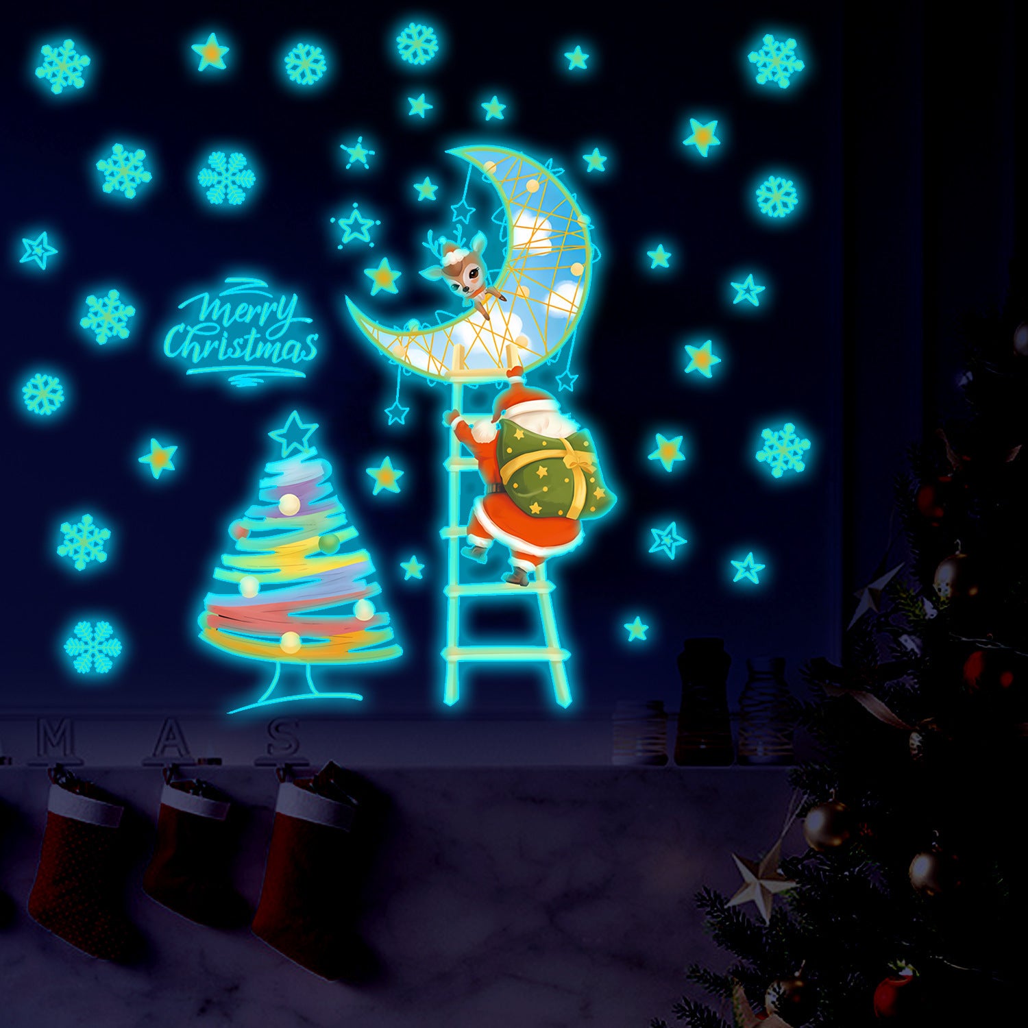 Christmas Glow-in-the-Dark Wall Decals (36pcs) - Santa Claus & Tree Holiday Decor Stickers